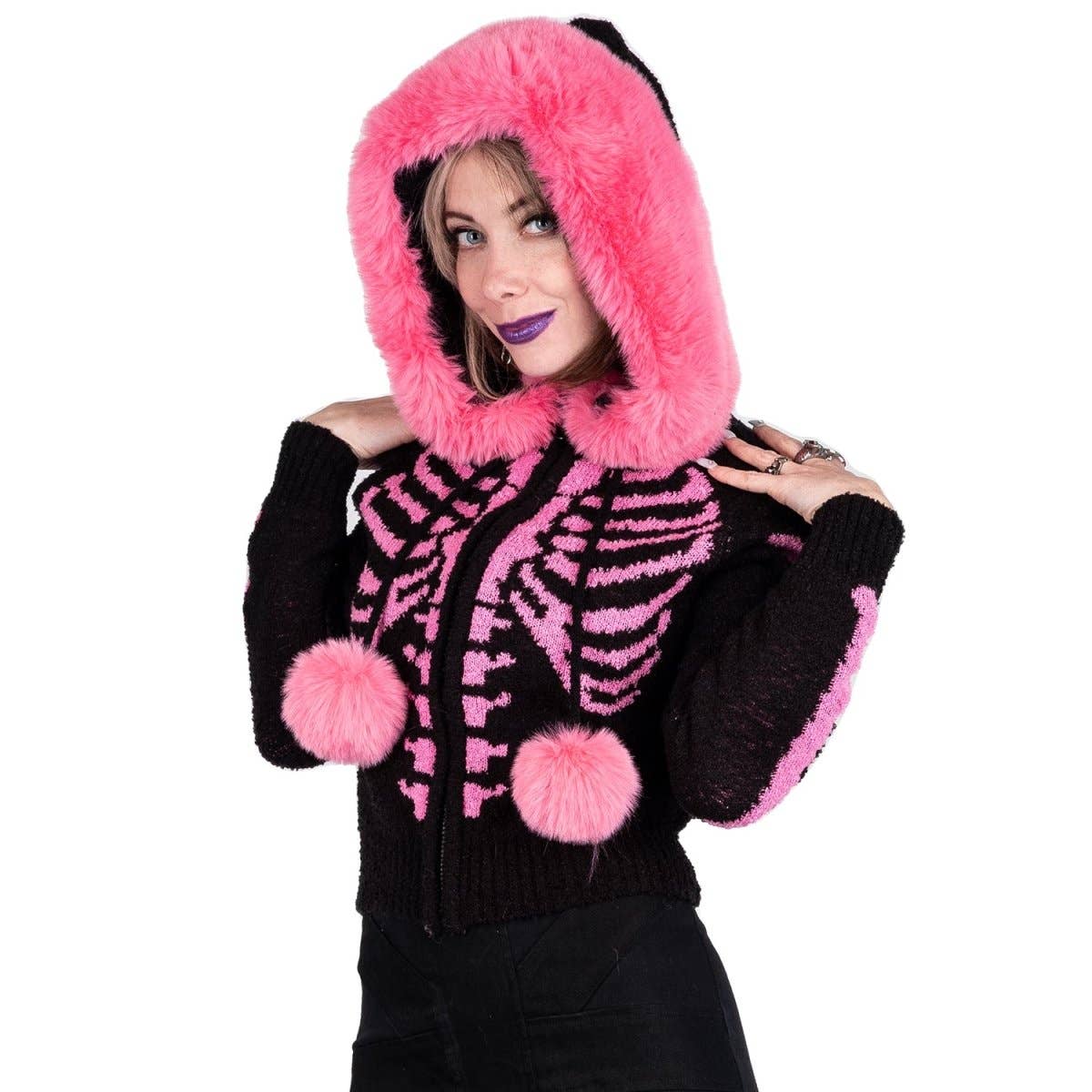Cardigan in pelliccia rosa Bony Rib Cage Skelly