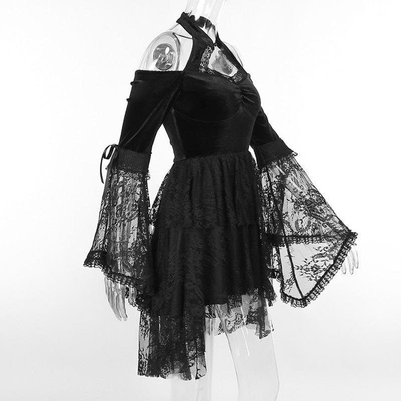Vestito velluto con maniche a calice in pizzo
