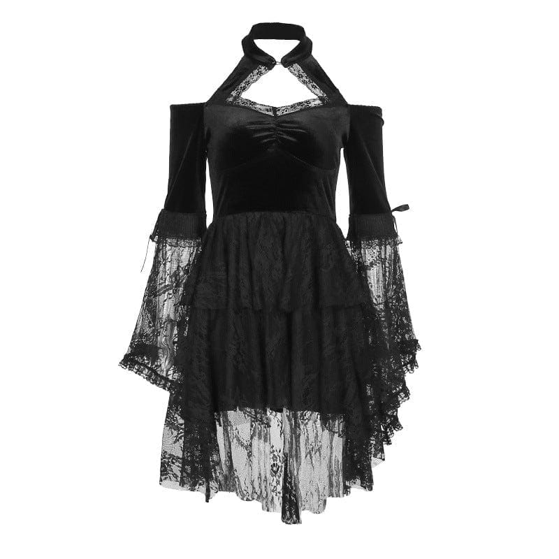 Vestito velluto con maniche a calice in pizzo