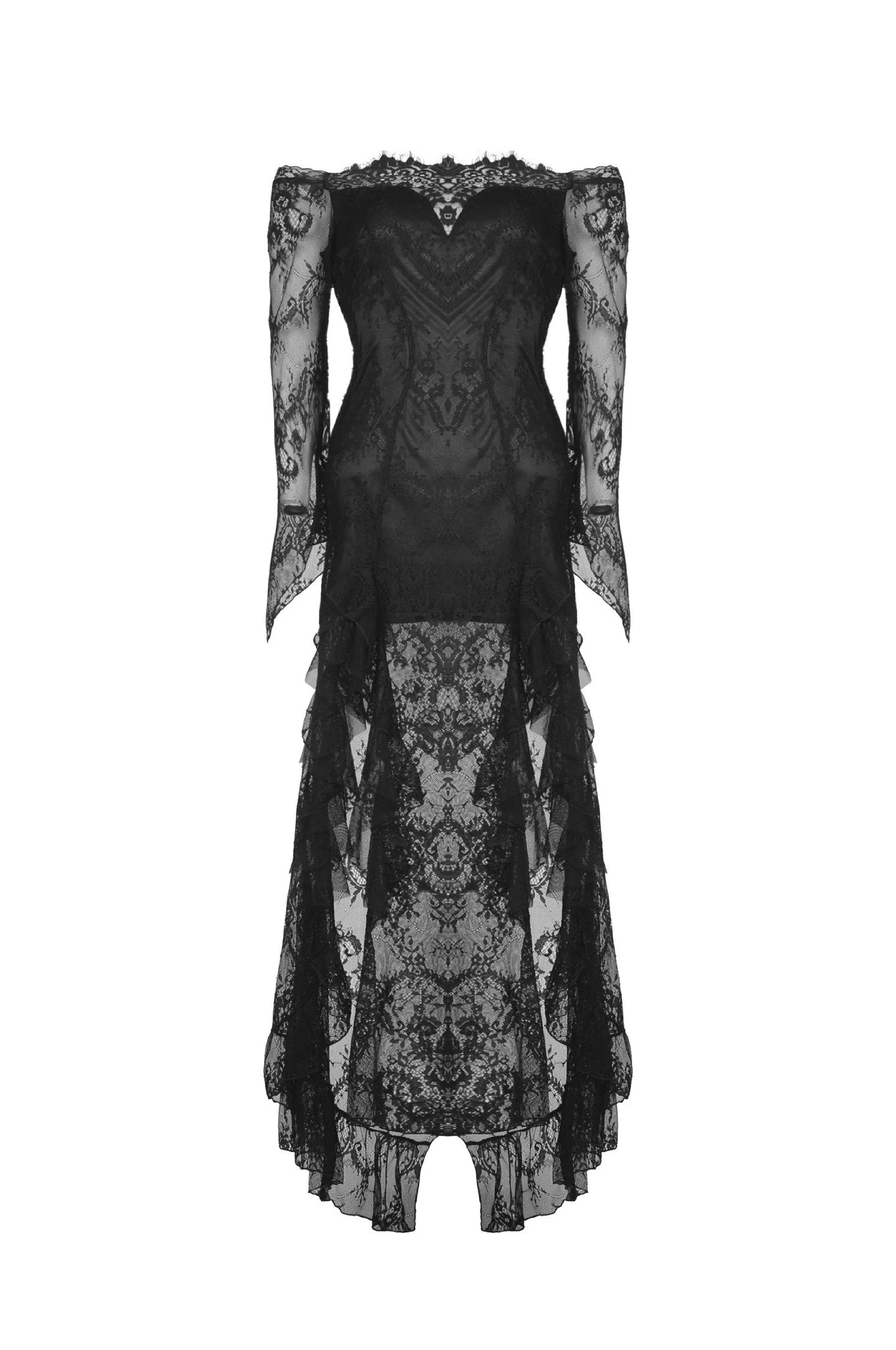 Abito a sirena a coda di rondine con volant in pizzo nero gotico "Dark in Love"