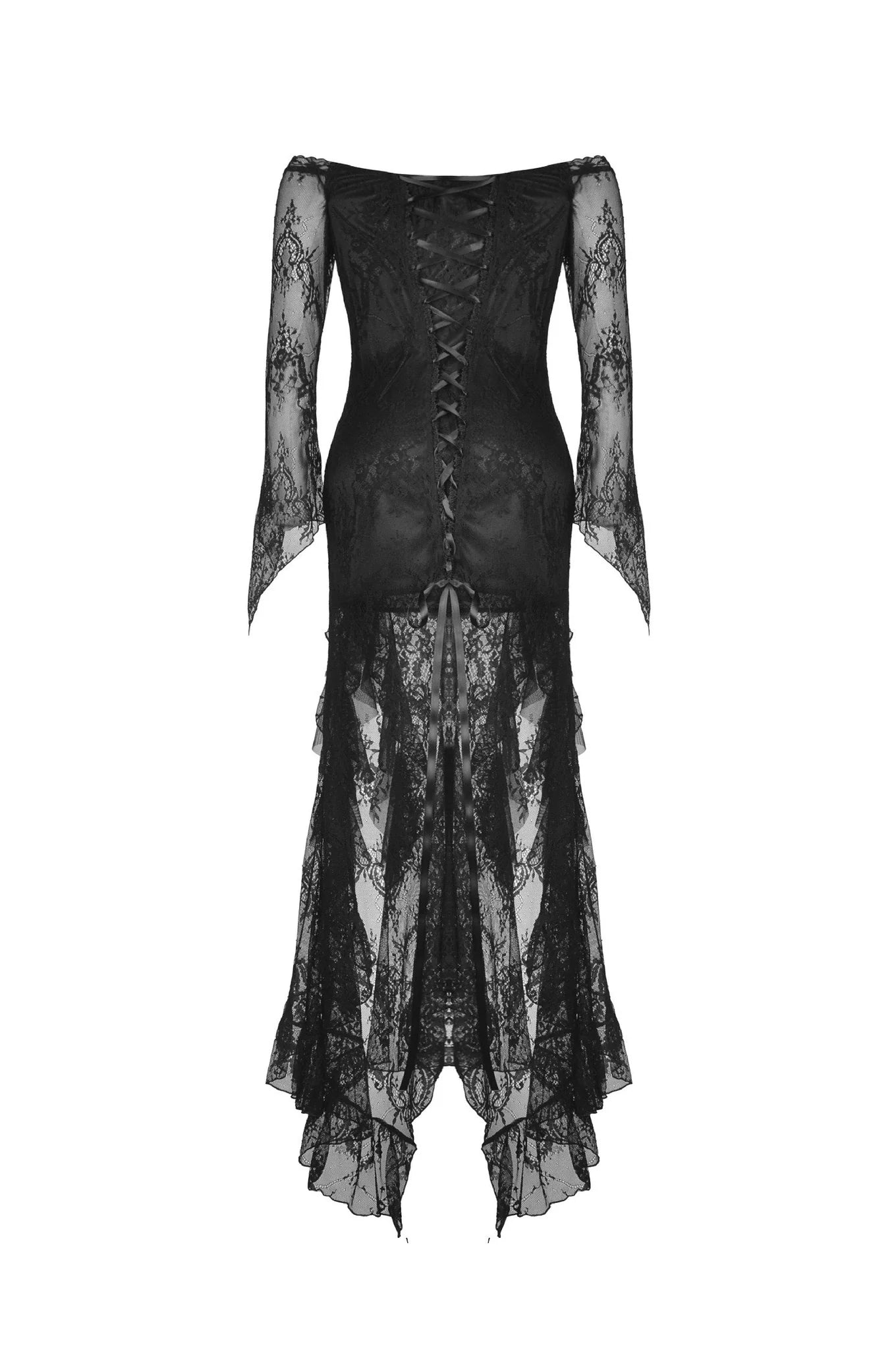 Abito a sirena a coda di rondine con volant in pizzo nero gotico "Dark in Love"