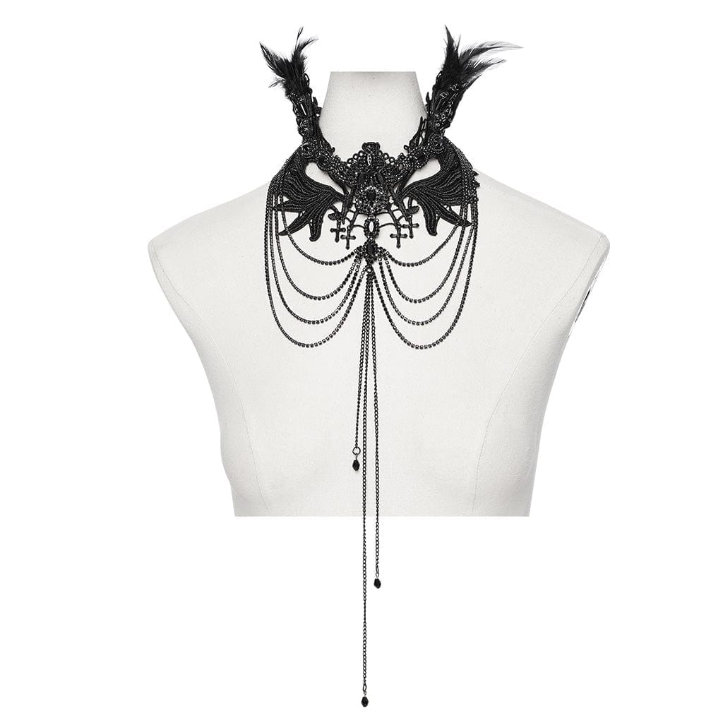 Punk rave collana con perle merletto e piume vittoriana