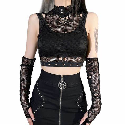 Crop Top Rete con Teschi e Manicotti