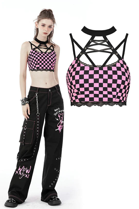 Rebel racer black pink plaid halter crop top "Dark in Love"
