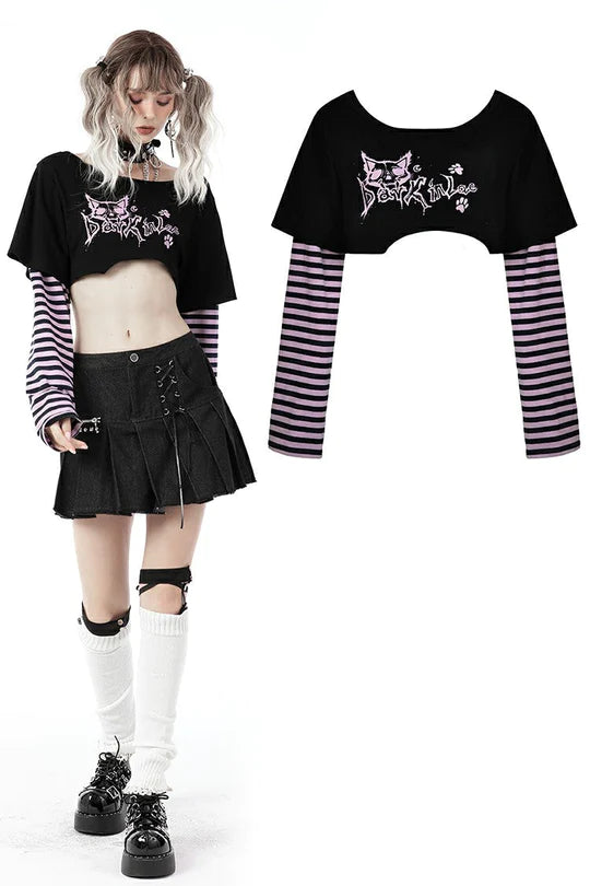 Top corto con maniche a righe viola gatto del Cheshire "Dark in Love"
