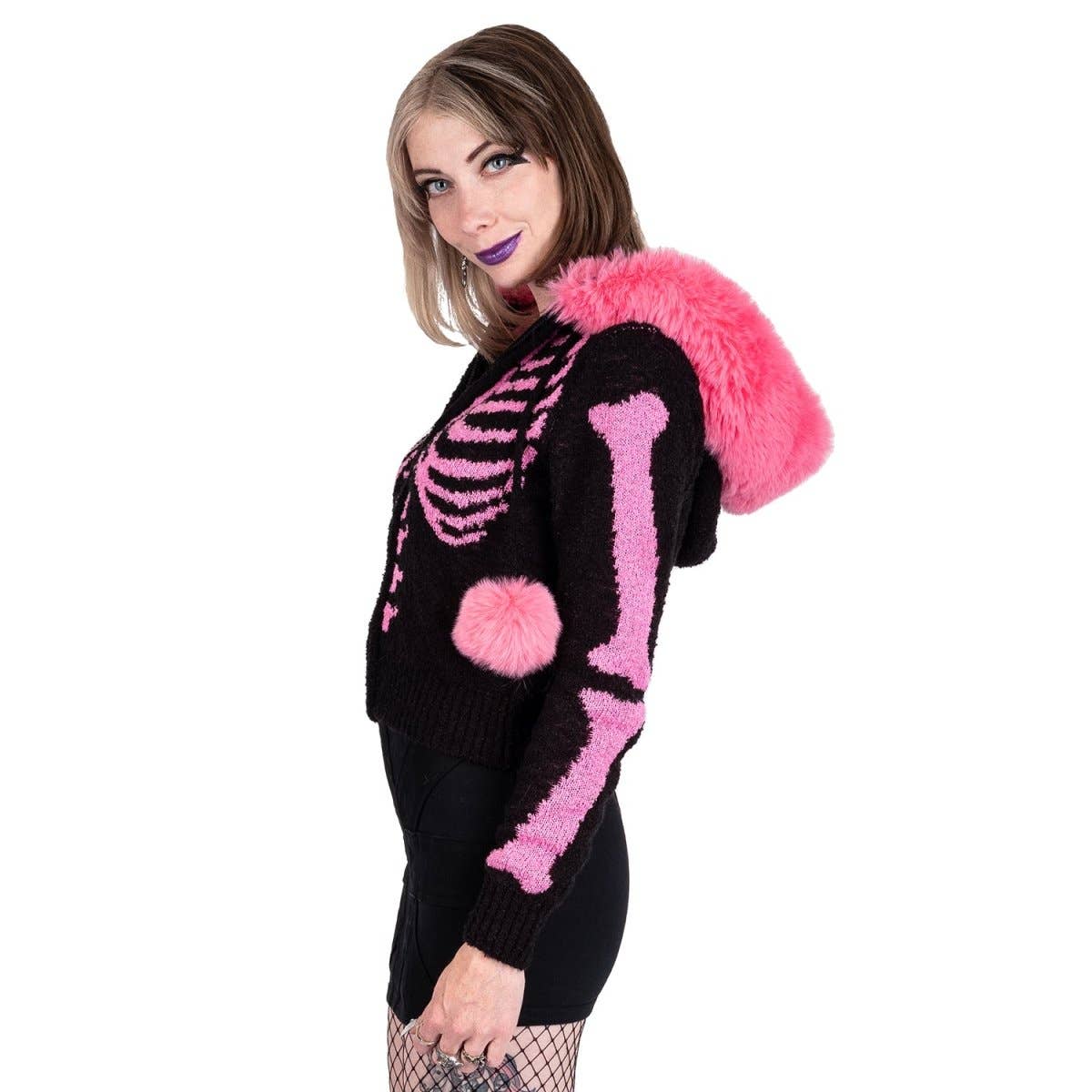 Cardigan in pelliccia rosa Bony Rib Cage Skelly