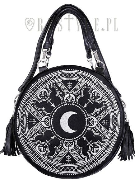 RESTYLE BORSA TONDA BIANCA & NERA "HENNA" CON LUNA E SIMBOLI RICAMATI