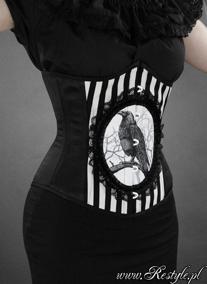 RESTYLE CORSETTO BLACK AND WHITE STRIPES CAMEO CON CORVO "FANTASY RAVEN"