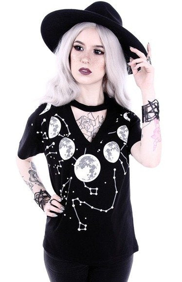 V-neck with choker gothic blouse with "MOON PHASES"