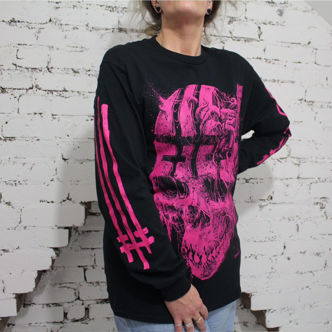 Godmachine Where is my mind: Big Pink Skull T-shirt unisex a maniche lunghe