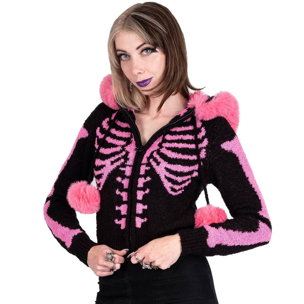 Cardigan in pelliccia rosa Bony Rib Cage Skelly