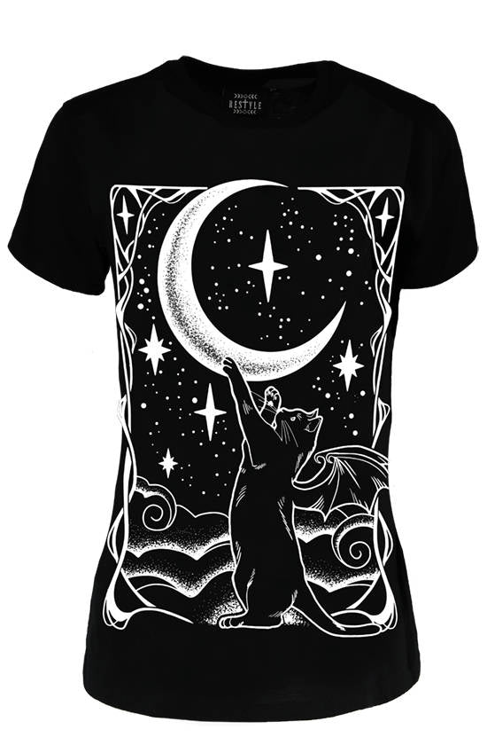 RESTYLE T-SHIRT BLACK VAMP CAT AND MOON