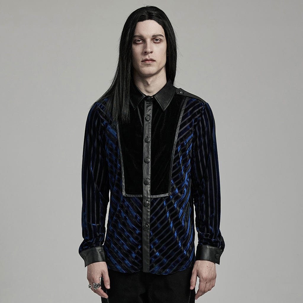 Camicia da uomo in velluto con giunture in ecopelle gotica a contrasto di colore