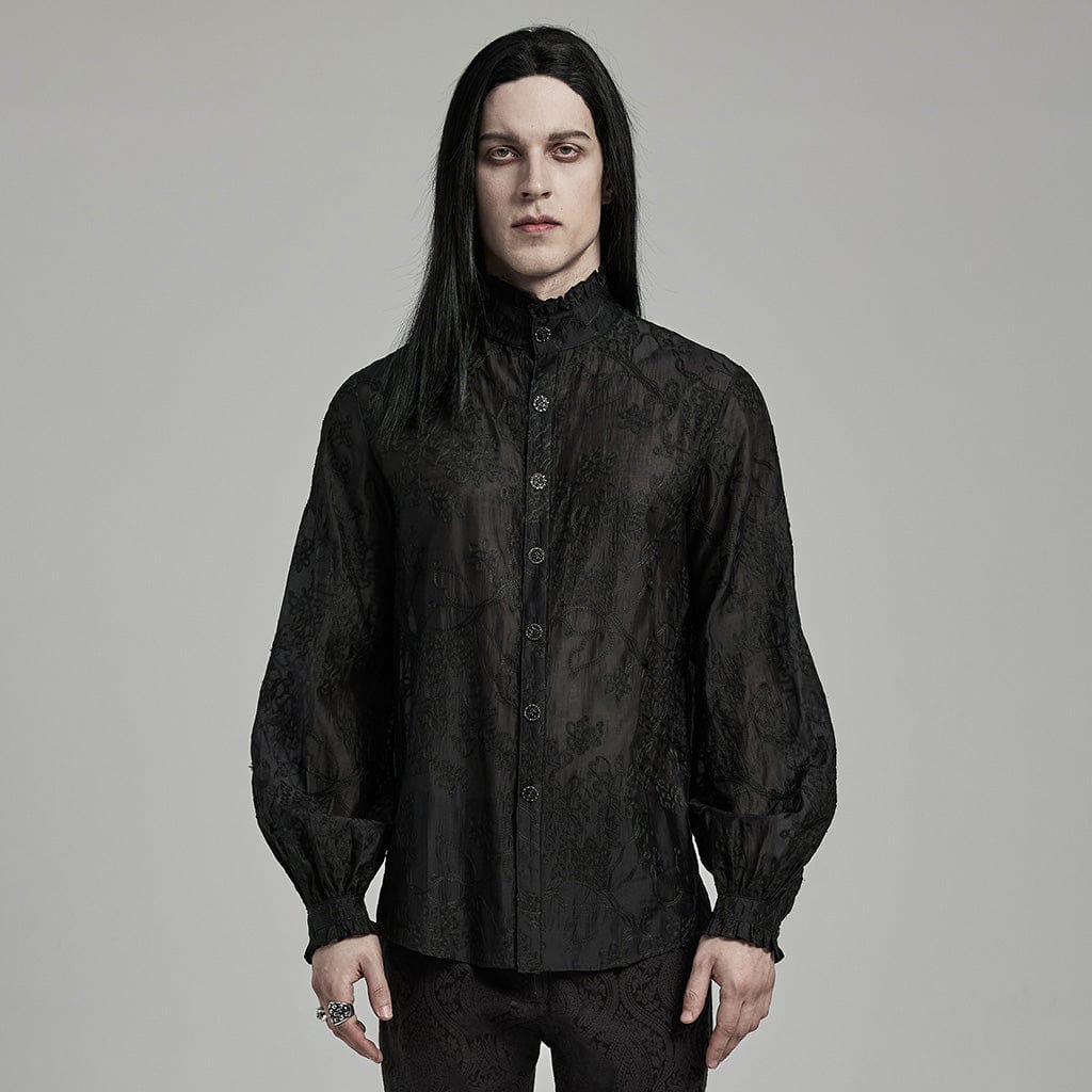 Camicia da uomo ricamata floreale con colletto in piedi gotico