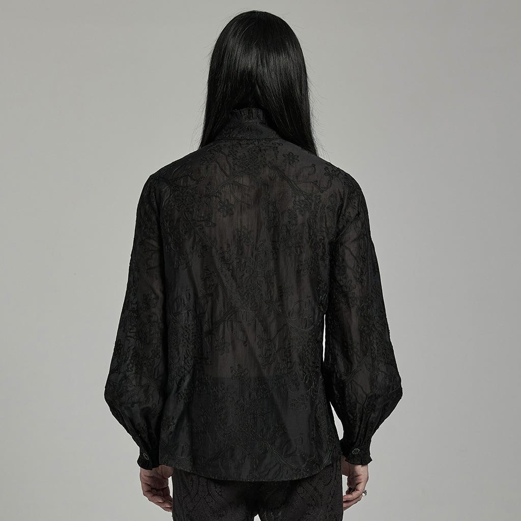Camicia da uomo ricamata floreale con colletto in piedi gotico