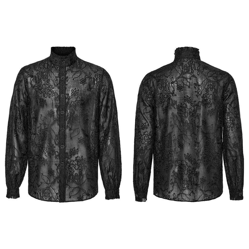 Camicia da uomo ricamata floreale con colletto in piedi gotico