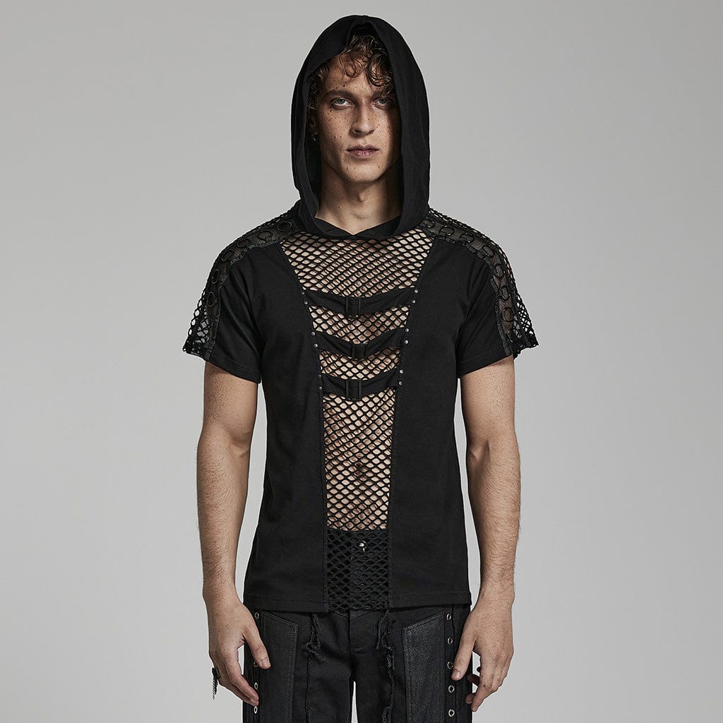 Punk rave T-shirt da uomo Punk Mesh Splice con cappuccio