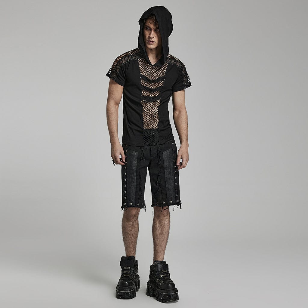 Punk rave T-shirt da uomo Punk Mesh Splice con cappuccio