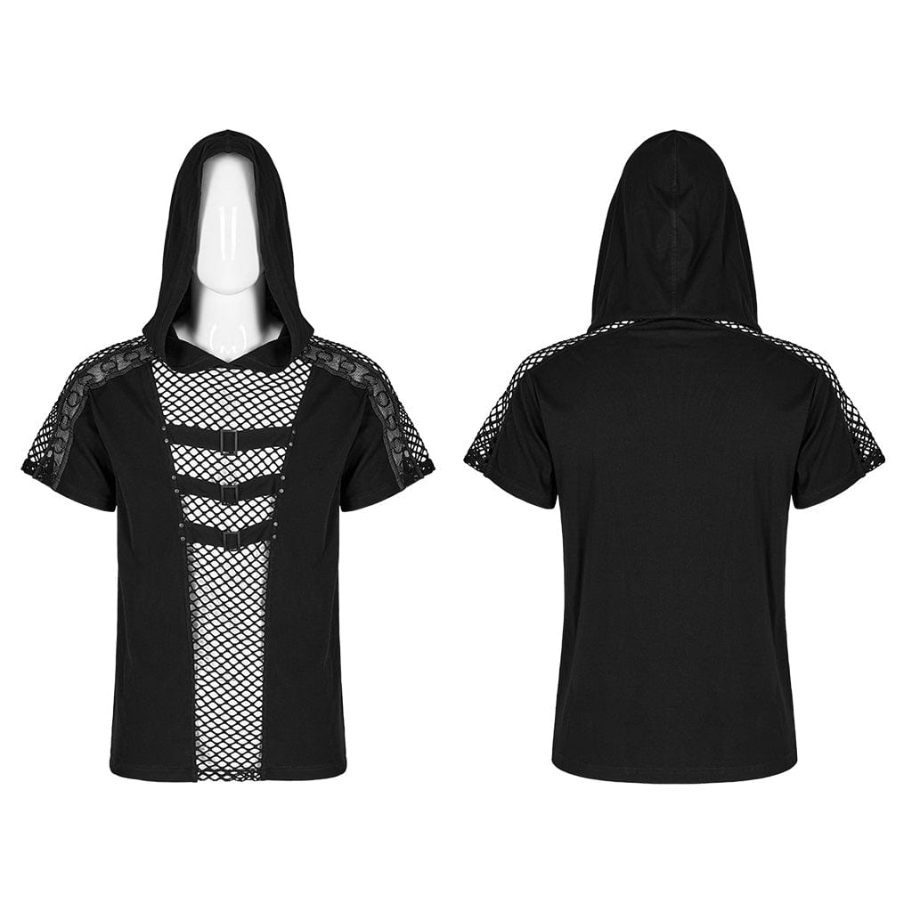 Punk rave T-shirt da uomo Punk Mesh Splice con cappuccio