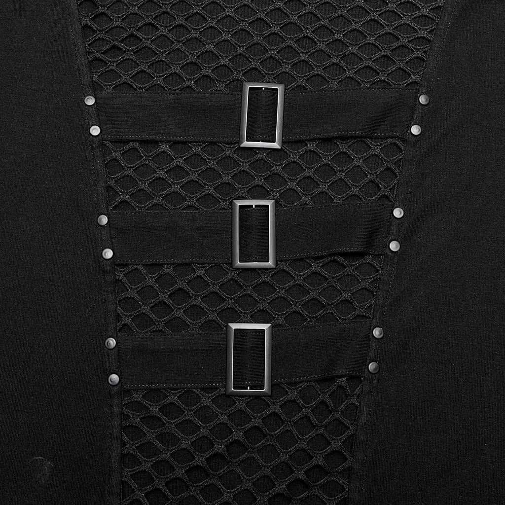 Punk rave T-shirt da uomo Punk Mesh Splice con cappuccio