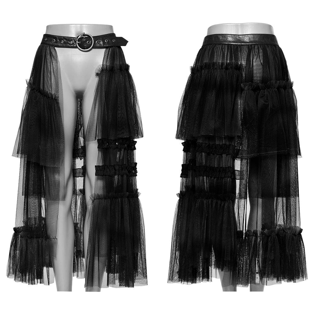 Punk rave Gonna lunga oversize in rete con volant e fibbia serpente