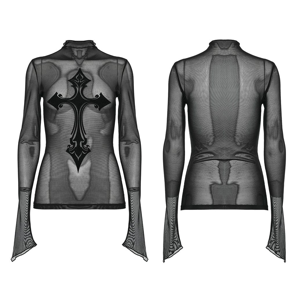 Punk rave maglia da donna in rete con croce gotica