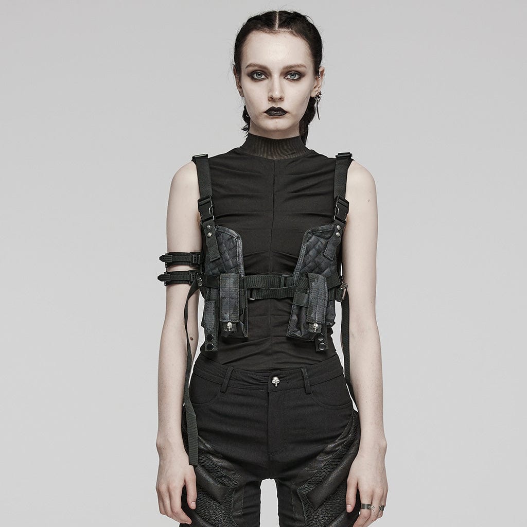 PUNK RAVE HARNESS CON TESCHIO IN STILE MILITARE PUNK CON TASCHE