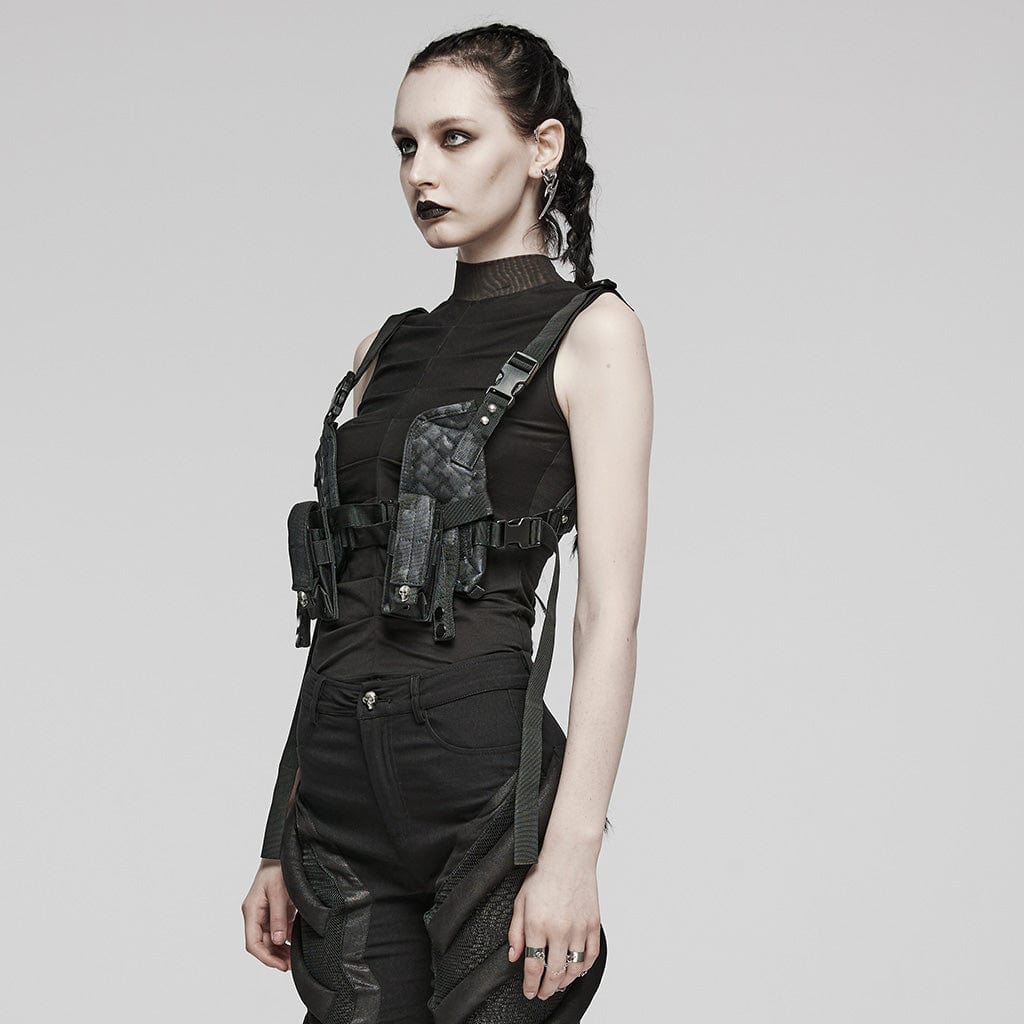 PUNK RAVE HARNESS CON TESCHIO IN STILE MILITARE PUNK CON TASCHE