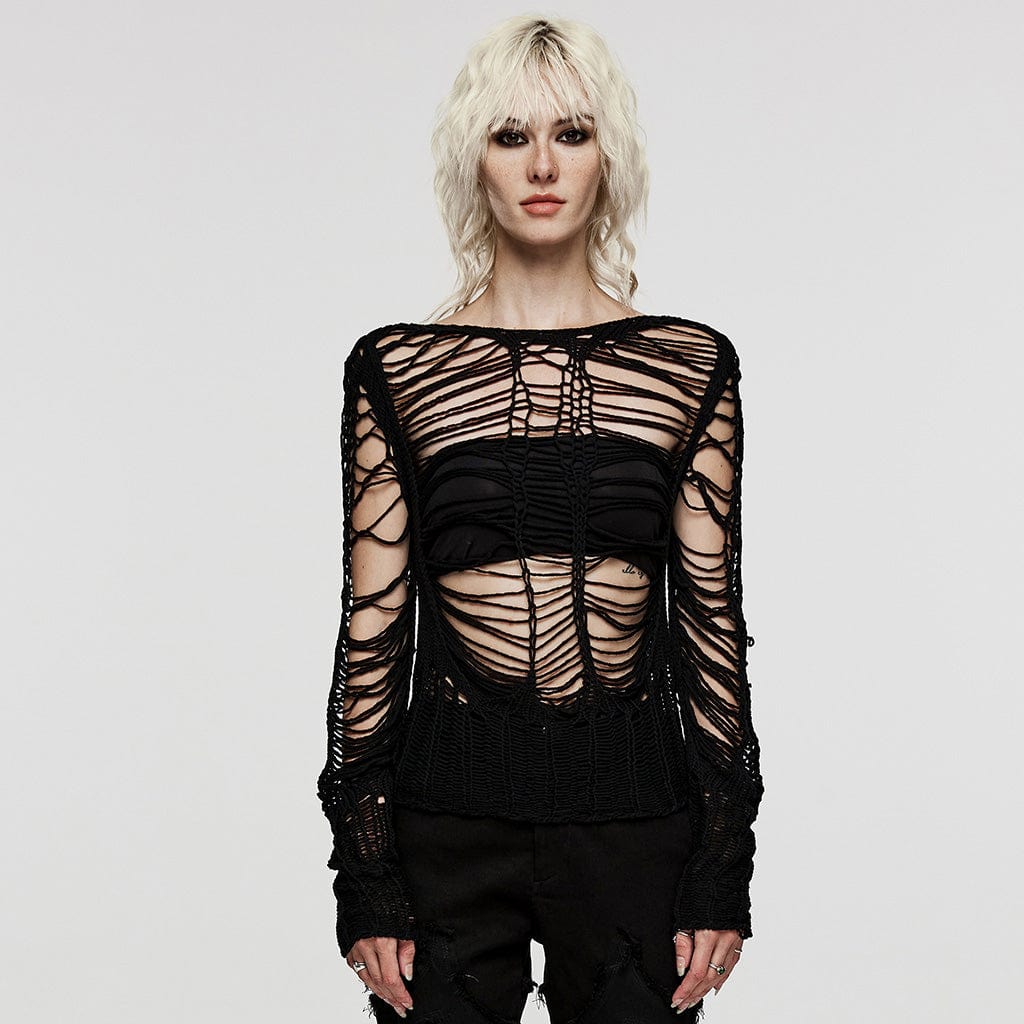Punk rave Maglione lavorato a maglia trasparente strappato punk da donna