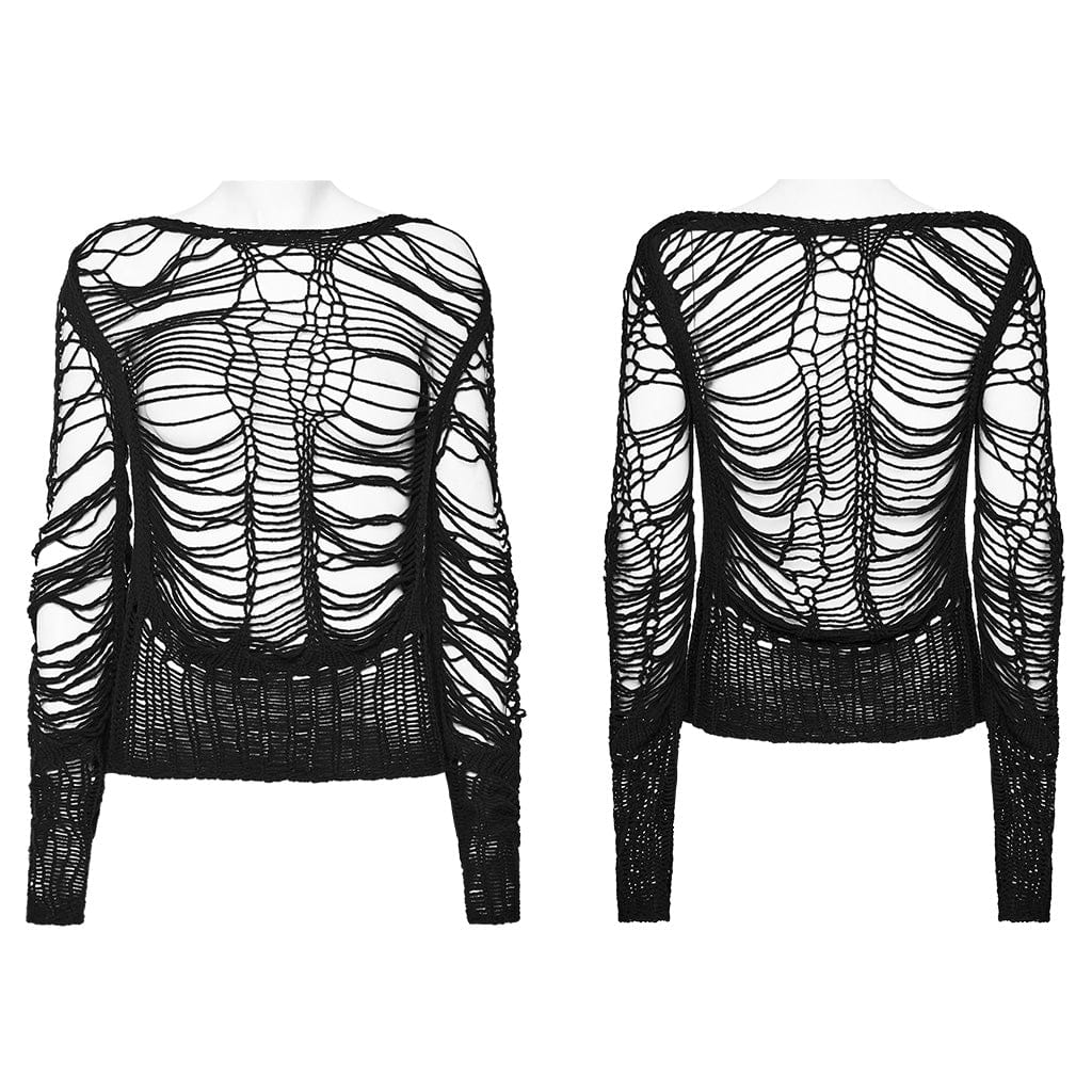 Punk rave Maglione lavorato a maglia trasparente strappato punk da donna