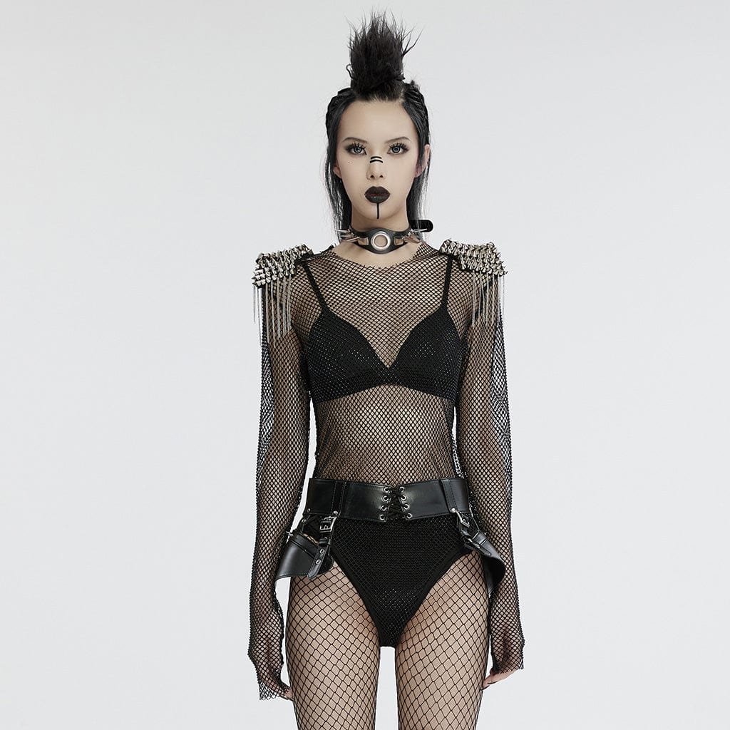 Punk rave body da donna in rete con nappe borchiato nero