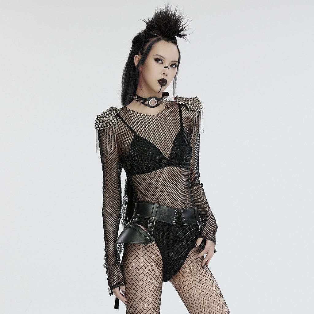 Punk rave body da donna in rete con nappe borchiato nero