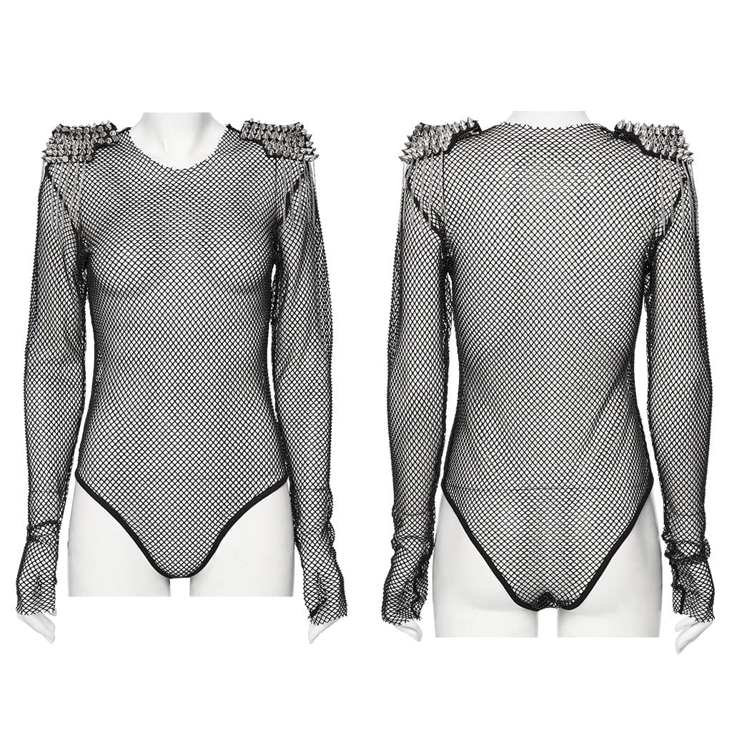 Punk rave body da donna in rete con nappe borchiato nero