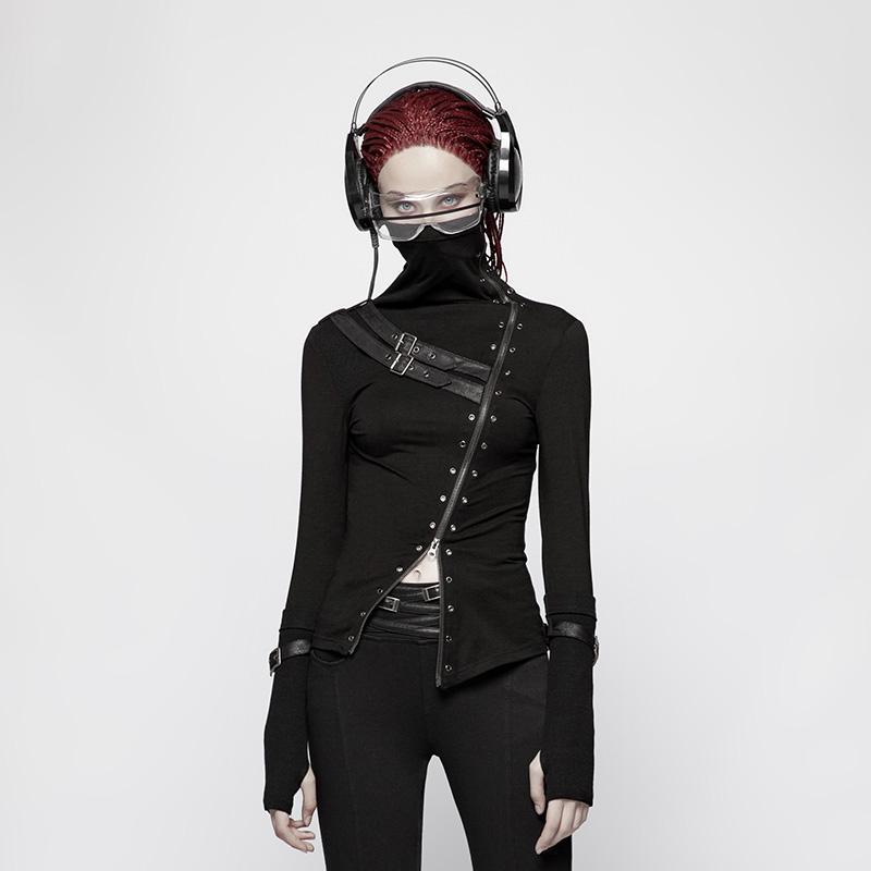Punk rave T-shirt a maniche lunghe con zip laterale dolcevita punk da donna con cinturini