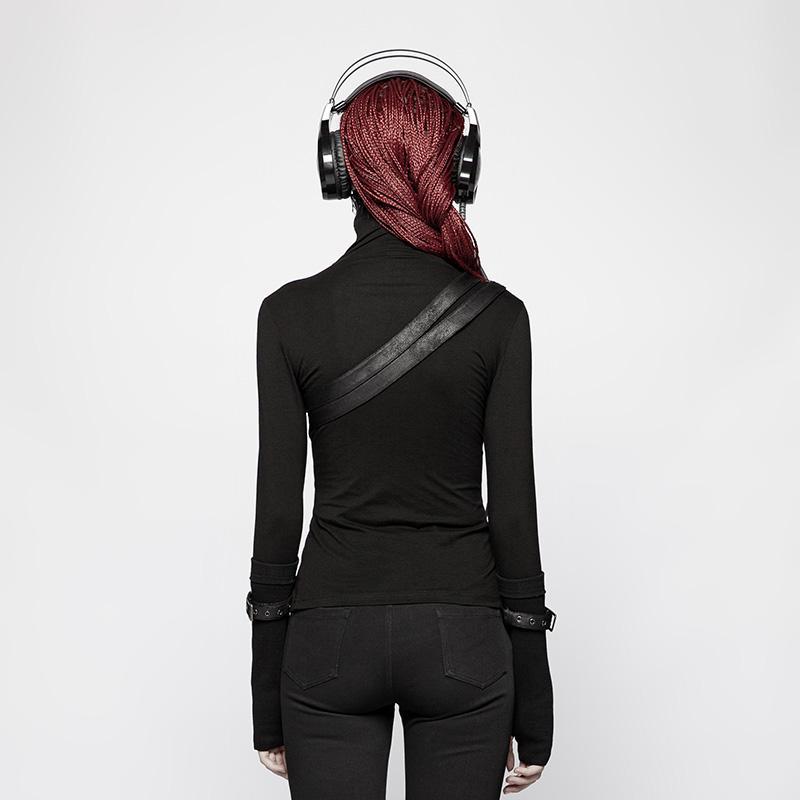 Punk rave T-shirt a maniche lunghe con zip laterale dolcevita punk da donna con cinturini