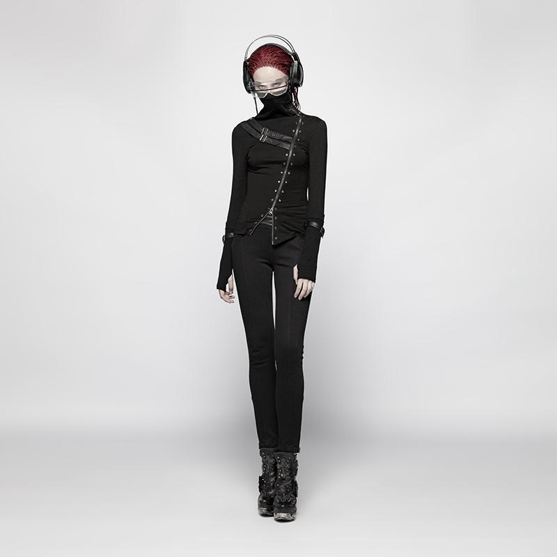 Punk rave T-shirt a maniche lunghe con zip laterale dolcevita punk da donna con cinturini