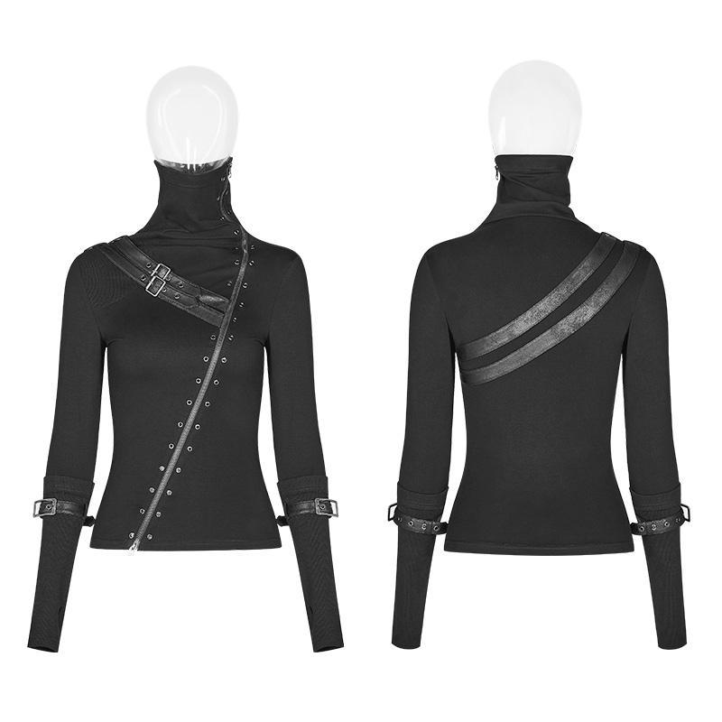Punk rave T-shirt a maniche lunghe con zip laterale dolcevita punk da donna con cinturini