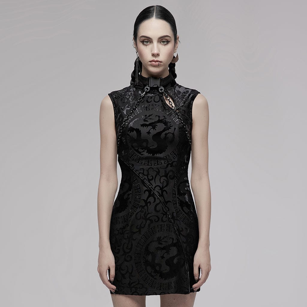 Abito Qipao Cheongsam Donna | Corto/lungo Con Maniche Corte | Motivo Drago Broccato | Per Cerimonie E Feste Eleganti
