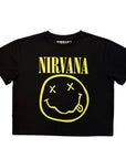 Rock Off Crop Top - Nirvana: Yellow Happy Face (Black)