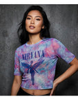 Rock Off Crop Top - Nirvana Ladies Mesh Crop Top: Angelic Blue Mono (White)