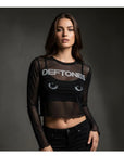 Rock Off Crop Top - Deftones Ladies Long Sleeve Mesh Crop Top: Sphynx (Black)