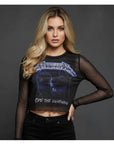 Rock Off Crop Top - Metallica Long Sleeve Mesh Crop Top: Ride The Lightning (Black) (Back Print)