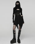 Punk Rave - Mini Vestito con cappuccio,cinturino con fibbia e punk cutout