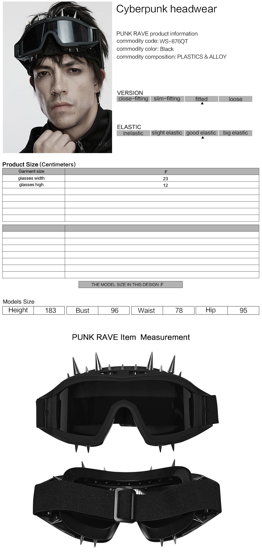 Punk rave - Occhiali da sole con borchie nere e cinturino regolabile