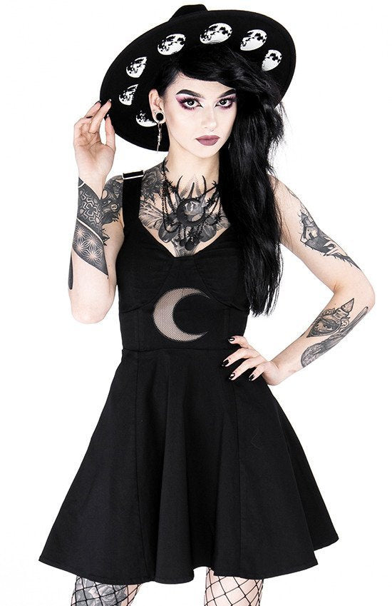 RESTYLE VESTITO GOTICO NERO CON LUNA CRESCENTE IN RETE