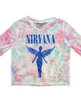 Rock Off Crop Top - Nirvana Ladies Mesh Crop Top: Angelic Blue Mono (White)