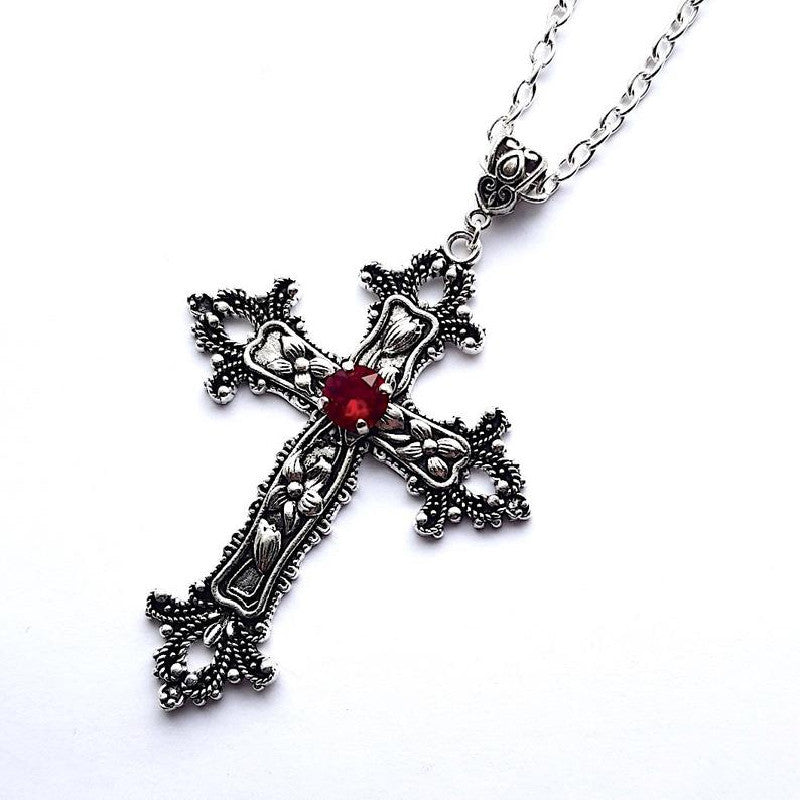 Collana Croce Gotica Pietra Rossa