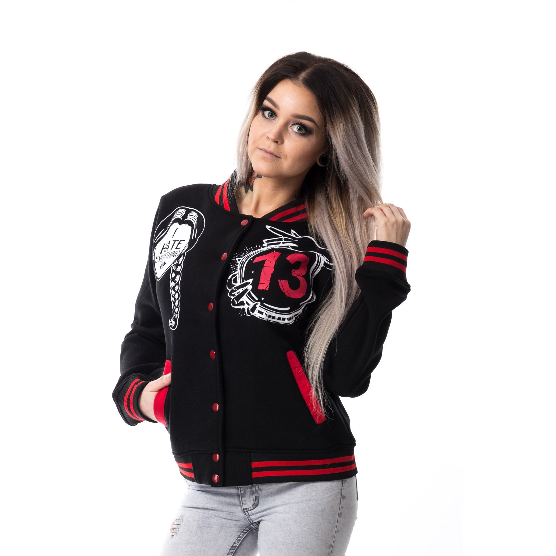 Giacca Varsity Mercoledì nera e rossa