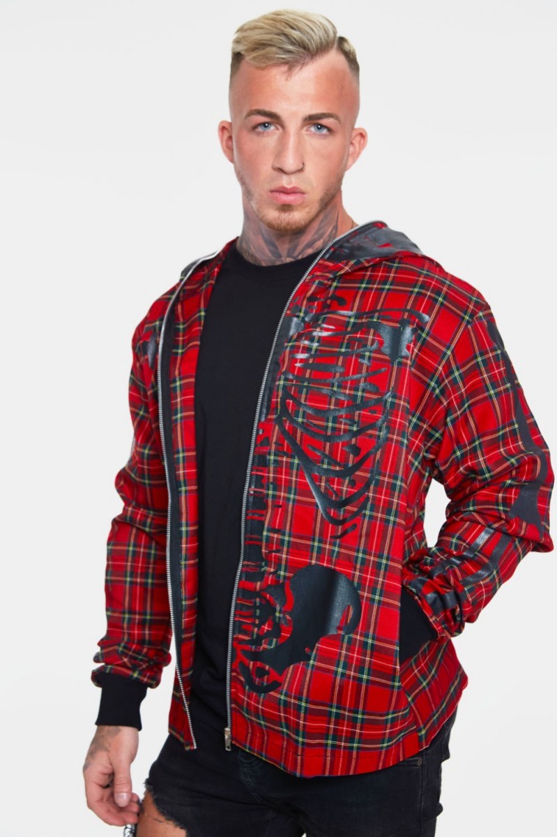 Felpa tartan rosse con scheletro nero