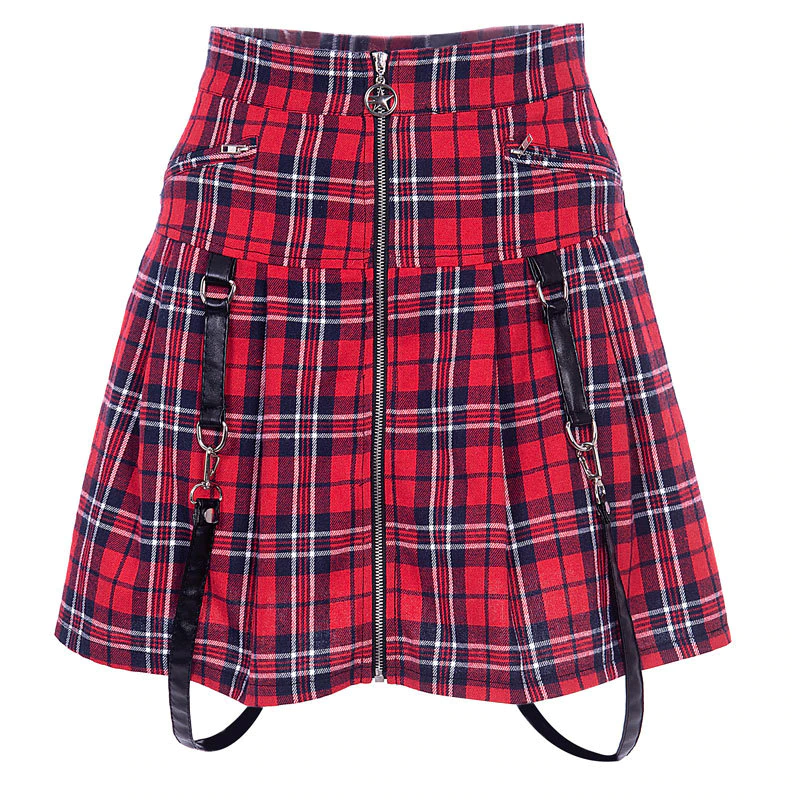 Gonna Plaid Rossa Cerniera Frontale